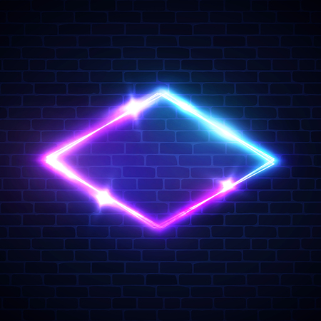 Night club neon light rhomb on brick texture. 3d lozenge sign with neon effect. Techno rhombus background. Glowing brill frame on brick wall. Electric street diamond. 80s style vector illustration.のイラスト素材