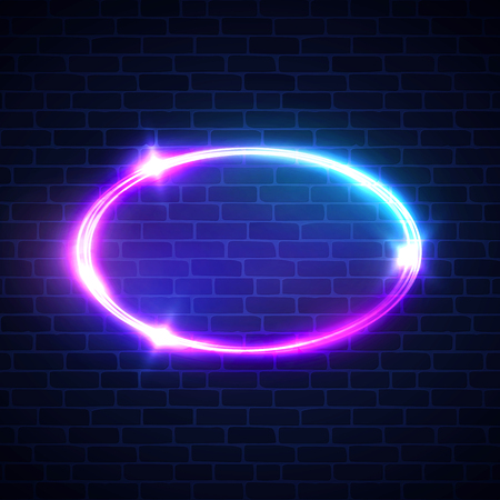 Glowing oval frame. Night club electric sign. Neon lights shape on dark brick wall. Ellipse background signage. 3d neon light advertising tube banner with blank text space. Color vector illustration.のイラスト素材