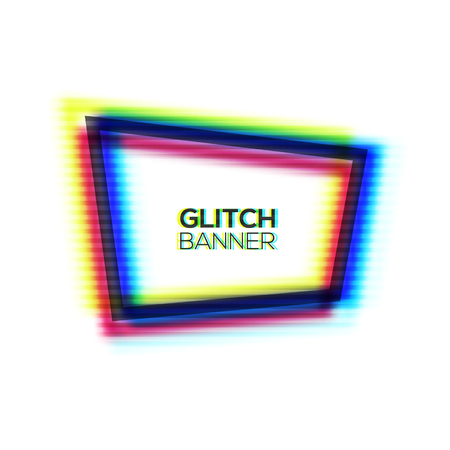 Abstract frame with glitch texture. Distorted modern background with glitch effect. Broken glitched sign. Polygon in rgb colors. Cmyk concept channel. Colorful vector illustration.のイラスト素材
