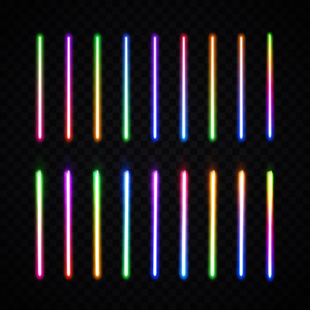Colorful glowing gradient lines or borders collection isolated on transparent background. Halogen or led light lamp pack for night party or game design. Neon brushes set. Color vector illustration.のイラスト素材