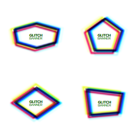 Distorted glitch texture frame set. Abstract modern banners pentagon hexagon rhombus polygon background with glitch effect. Broken sign collection with rgb cmyk color Minimal style vector illustrationのイラスト素材