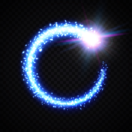 A bright blue comet with dust and gas sparkling trail. Glowing comet tail frame on transparent background. Magic swirl with glitter particles. Cosmic light flash. Galactic nebula vector illustration.のイラスト素材