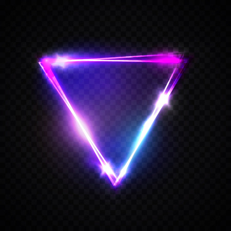 Neon sign. Triangle background. Glowing electric abstract frame on dark transparent backdrop. Light signage with glow. Night club laser banner. Bright 3d vector illustration with flares and sparkles.のイラスト素材