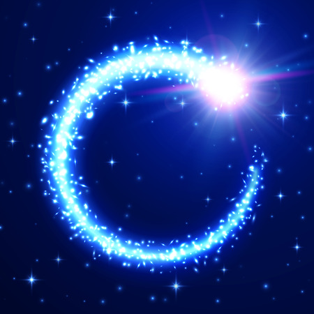 Flying meteor on blue starry night sky backdrop. Glowing light comet tail frame. Starry space background. Meteorite trail with glitter particles. Galaxy design. Cosmic shiny bright vector illustrationのイラスト素材