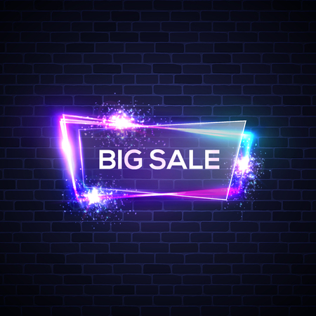 Glowing neon letters Big sale on glass transparent plate. Shopping neon sign with neon light, explosion, firework on brick texture. Night club electric techno frame. 3d discount vector illustration.のイラスト素材