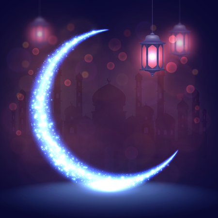 Ramadan Kareem background with arabic lanterns and glowing glittering crescent moon. Greeting islamic card with mosque, islam symbol. Eid Mubarak Muslim feast holy month of Ramadan vector illustrationのイラスト素材
