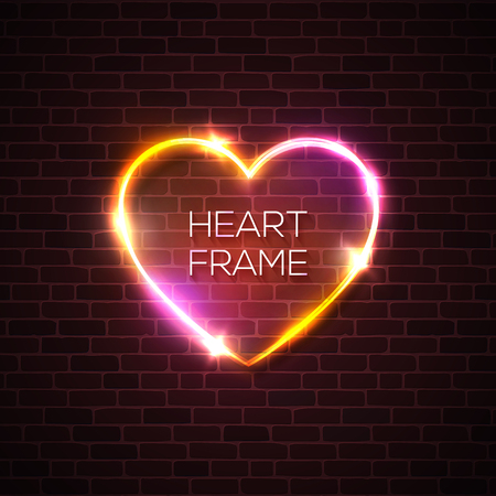 Night club pink red heart neon realistic sign. 3d retro light signage with shining neon effect. Techno frame with glow on dark brick texture wall background. Electric banner. Color vector illustrationのイラスト素材