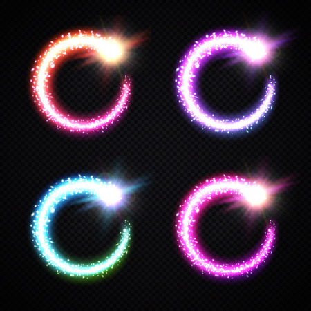 Holiday light background elements set on transparent backdrop. Decorative lights circle frame pack. Christmas colorful magic round comets collection with glitter trail tail. Bright vector illustrationのイラスト素材