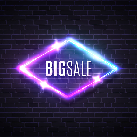 Big sale neon rhomb sign on brick wall. Retro light lozenge banner with neon effect. Techno rhombus background. Glowing brill frame. Electric street diamond Special offer 80s style vector illustrationのイラスト素材