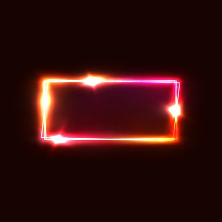 Neon rectangle frame. Square geometric shape with vibrant electric red, pink colors. Led light effect. Glowing design for party, greeting card, fashion show, game design. Shining vector illustration.のイラスト素材
