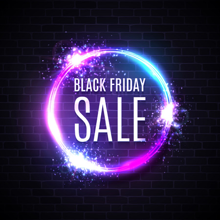 Black friday sales in neon circle background. Geometric shape glowing tag. Modern round shopping sign on dark blue purple brick background. Black friday design. Bright electric vector illustration.のイラスト素材