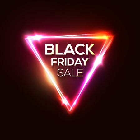 Black friday sale on neon triangle background. Discount shopping sign on dark red backdrop. Glowing laser tag. Black friday design text in geometric shape. Retro vector illustration in 80s style.のイラスト素材