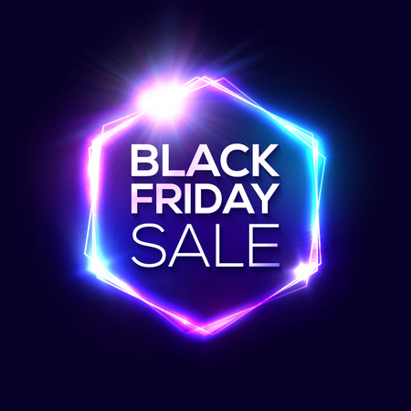 Black Friday design with neon light frame. Hexagon logo. Shapes vector background for November seasonal sale event with glowing text.のイラスト素材