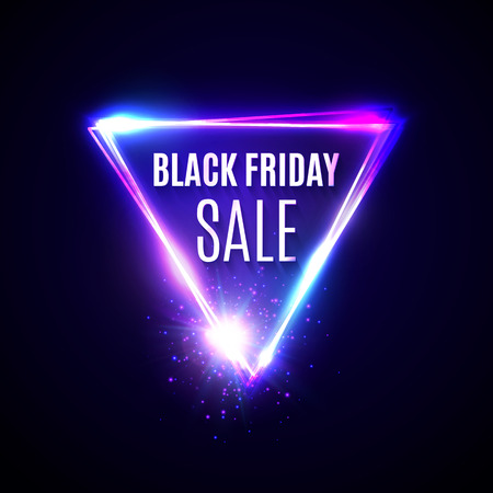 Black Friday background. Triangle logo design in neon style with discount text. Glowing lights geometric shape with electric flash, scattering particles. Blue purple violet bright vector illustration.のイラスト素材