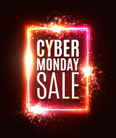 Cyber Monday sale neon sign. Abstract laser rectangle background with light explosion burst flares sparkles. Shining square sign on dark red backdrop. Banner design template. Color vector illustrationのイラスト素材