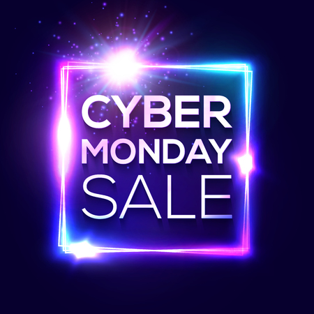 Cyber Monday text inscription in neon style on dark blue background. Square background with abstract lights and sparkles. Discount card for internet online shopping. Colorful sale vector illustration.のイラスト素材