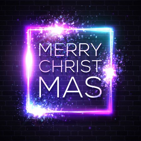 Christmas neon sign. Light vector illustration on winter holidays with star explosion firework. Luminous square frame for Christmas project greeting card poster banner flyer. Neon rectangle signboard.のイラスト素材