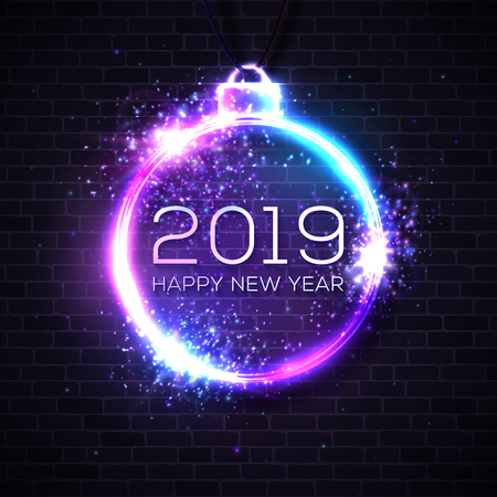 2019 Happy New Year neon sign on brick wall dark background. Festive lights Christmas decoration. Glowing bauble frame with light explosion firework particles sparkles. Decorative vector illustration.のイラスト素材