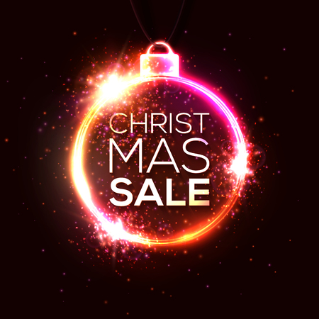 Christmas sale poster. Neon lights advertising banner. Festive Xmas decoration frame with sparkle firework explosion. Glowing neon sign discount card. Celebrating vector illustration on red backgroundのイラスト素材