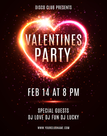 Valentines Day Party flyer or poster design template on dark red backdrop. Illuminated glowing heart background with light explosion particles stars. Electric led neon sign. Bright vector illustrationのイラスト素材