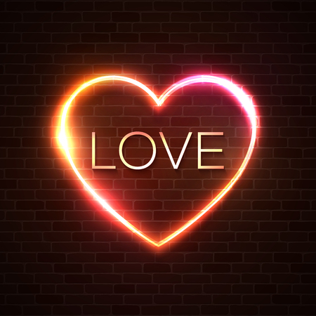 Neon sign, the word Love with heart shape frame on brick wall. Design element for Happy Valentine's Day on dark red heart background. Greeting card, banner design. Bright glamour vector illustration.のイラスト素材