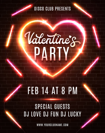 Valentines Day Party flyer design on dark red brick wall. Bright vector template of invitation, flyer, poster or greeting card.のイラスト素材