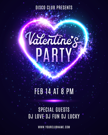 Valentine's Day party poster design template for flyers banners. Abstract heart background with neon light. Disco dance love vertical card with electric heart shape frame. Bright vector illustration.のイラスト素材