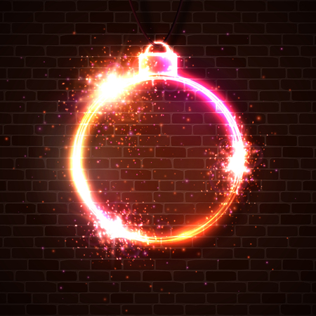 Merry Christmas or Happy New Year greeting card template. Neon style signboard on red brick wall. Christmas background with luminous sign, particles. Neon light banner. Bright Xmas vector illustrationのイラスト素材