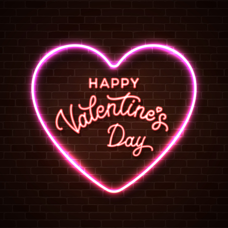 Happy Valentine's Day script lettering inscription. Brick heart background. Hand lettering greeting card. Modern calligraphy for Valentine's Day design. Neon sign. Bright vector abstract illustration.のイラスト素材
