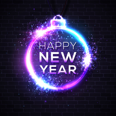 Happy New Year dark background. Decorative neon sign. Light banner. Celebrating retro disco night club party invitation design template. New Year eve greeting card. Colorful vector illustration.のイラスト素材