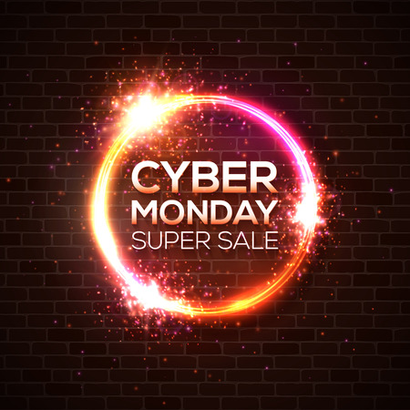 Cyber Monday super sale, discount card concept design. Neon style online shopping marketing concept on dark brick red background. Bright colors vector illustration. Neon signboard glowing light bannerのイラスト素材