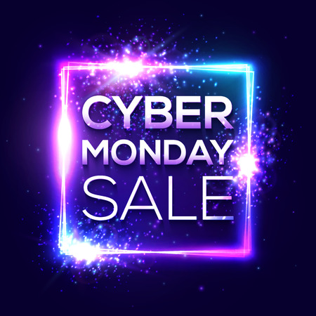 Cyber Monday sale banner. Fashionable neon style, luminous technology signboard. Nightly advertising online shopping concept. Advertisement of sales rebates of Cyber Monday. Bright vector illustrationのイラスト素材