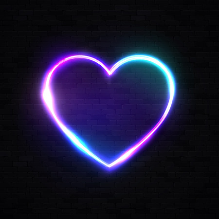 Neon 80s style heart background on black brick wall. Bright electric technology frame. Blank text space. Illuminated signboard on dark backdrop. Color vector illustration.のイラスト素材