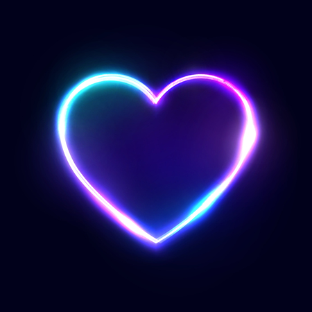 Neon 80s style heart vector abstract background on dark blue backdrop. Bright electric technology frame. Blank text space. Illuminated signboard. Color vector illustration.のイラスト素材