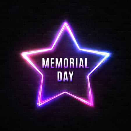 Memorial Day banner on black brick wall. Neon light led lamp star background. Patriotic USA design template with glowing text. Bright colorful vector illustration for American national event.のイラスト素材