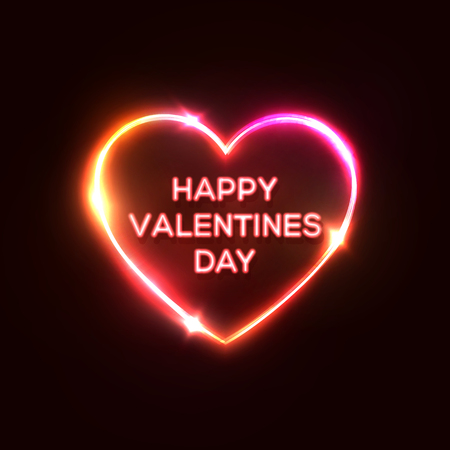 Happy Valentines Day text in heart shaped neon sign. Bright greeting card design on dark red night background. Decorative electric led light lamp banner. Color vector illustration in retro 80s style.のイラスト素材