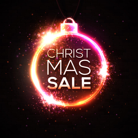 Christmas sale discounts banner. Neon style illuminated card postcard on dark black brick wall. Neon sign luminous poster night advertising Christmas sales street signboard. Bright vector illustrationのイラスト素材