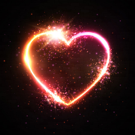 Bright heart background on black brick wall. Neon sign. Happy Valentine's Day greeting card, banner design element. Retro neon heart frame with glitter particles confetti. Color vector illustration.のイラスト素材