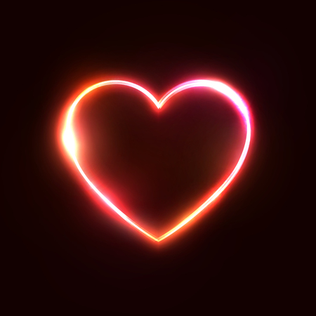 Red neon heart background. 3d realistic design for business financial marketing concept. Night club or bar sign. Electric heart shape frame on dark red backdrop. Technology glowing illustrationのイラスト素材