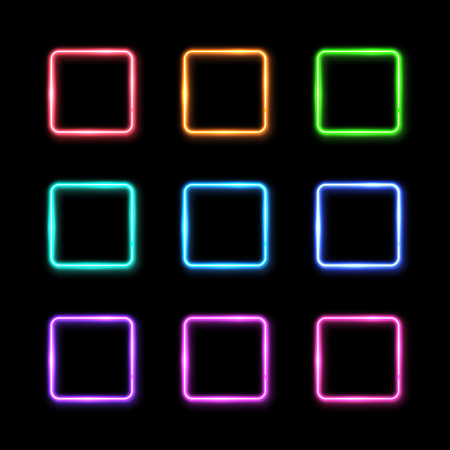 Square frames set on black background. Colorful rectangle neon signs collection in the shape of square. Electric element design template. Halogen or led lamp outlines pack. Glowing illustrationのイラスト素材