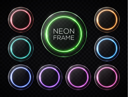 Halogen or led lamp glowing banners set. Colorful neon light circle frames with glass plates collection on transparent background. Electric technology borders. Design elements pack illustrationのイラスト素材