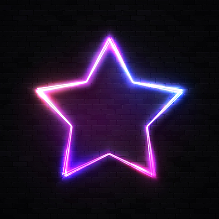 3d realistic stars background on black brick wall. Glowing star frame element or show signboard for night club bar casino game design. Neon sign. 1980s style illustration.のイラスト素材