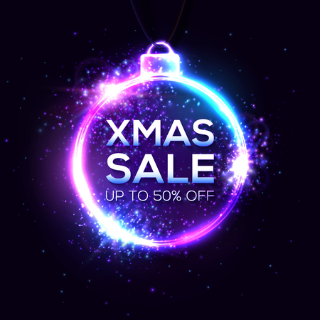 Christmas sale background. Xmas discount banner design on dark backdrop. Bright illustration.のイラスト素材