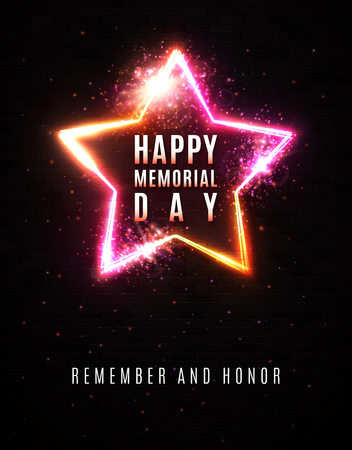 Happy memorial day background. Remember and honor. Celebrating text in glowing electric wire frame star shape border with burning sparks spray particles on black brick wall. Bright illustrationのイラスト素材