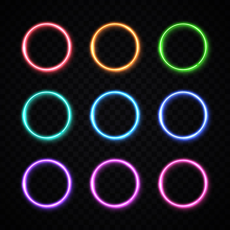 Circle background. Round frames collection. Colorful glowing circle set on transparent background. Neon banners design for internet web usage flyer poster placard.のイラスト素材