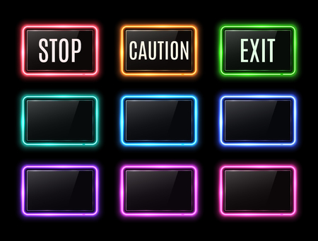 Stop sign. Caution, exit sign. Color rectangle electric neon signboards set. Glowing led square banners on black background. Empty advertising frame for flyer poster button.のイラスト素材