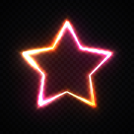 Red and yellow star frame on dark transparent background with space for your text. Glowing neon border with light effects sparkle. Electric signboard.のイラスト素材