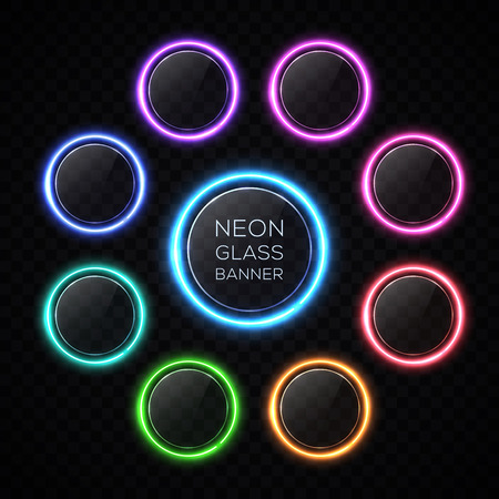 Color circle neon buttons set with light effect. Glossy glass texture banner with glare on black background. Round glowing sign for web interface infographic internet sites report. Vector illustrationのイラスト素材