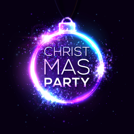 Christmas party colorful neon sign for holiday project. Advertising festive poster for Xmas party design. Laser circle shining banner of luminous round wire lines with star. Bright illustrationのイラスト素材