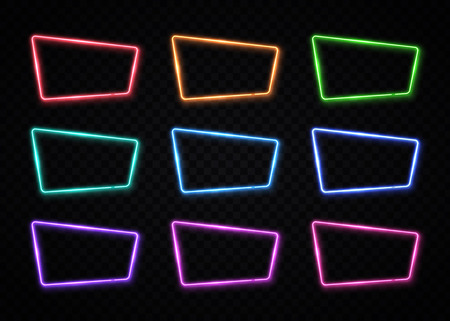 Neon frame sign collection in square shape. Blank color set template. Night club, bar, show, game design element. 80s style illustration.のイラスト素材